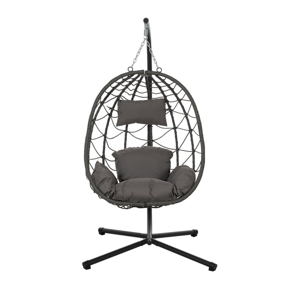 Egg Chair with Stand Indoor Outdoor Wicker Hanging Swing Chair with Cushion & Headrest for Bedroom Living Room Balcony Patio Dark Grey