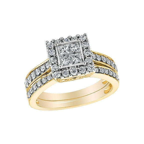 Princess Cut Diamond Engagement Ring & Wedding Band Set 1.0 Carat (Ctw) in 14K Yellow Gold for Women