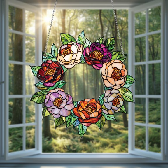 Rose Wreath Suncatcher - Elegant Red & White Floral Window Hanging Ornament for Home Décor & Gifts, Handmade