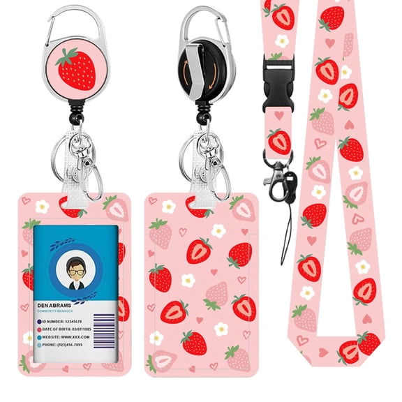 JOPJOLIW Strawberry Lanyards for ID Badge, Lanyard ID Card Holder with Retractable Reel Clip and Keychain, Vertical Identity Badge Cover Case Protector for Student Teacher Nurse Pink