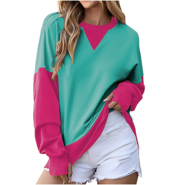 cfhntfmh Womens Sweatshirts Oversized Crewneck Color Block Patchwork Tops Long Sleeve Pullover Fall Fashion 2024