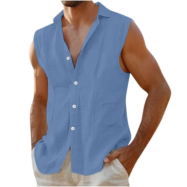 fheaev Débardeurs d'Entraînement pour Hommes en Coton Lin Boutons Cardigan Sans Manches Chemises de Musculation Chemises de Plage pour Musculation Gym Entraînement Physique Col Rabattu Tee-Shirts de Sport Vacances d'Été