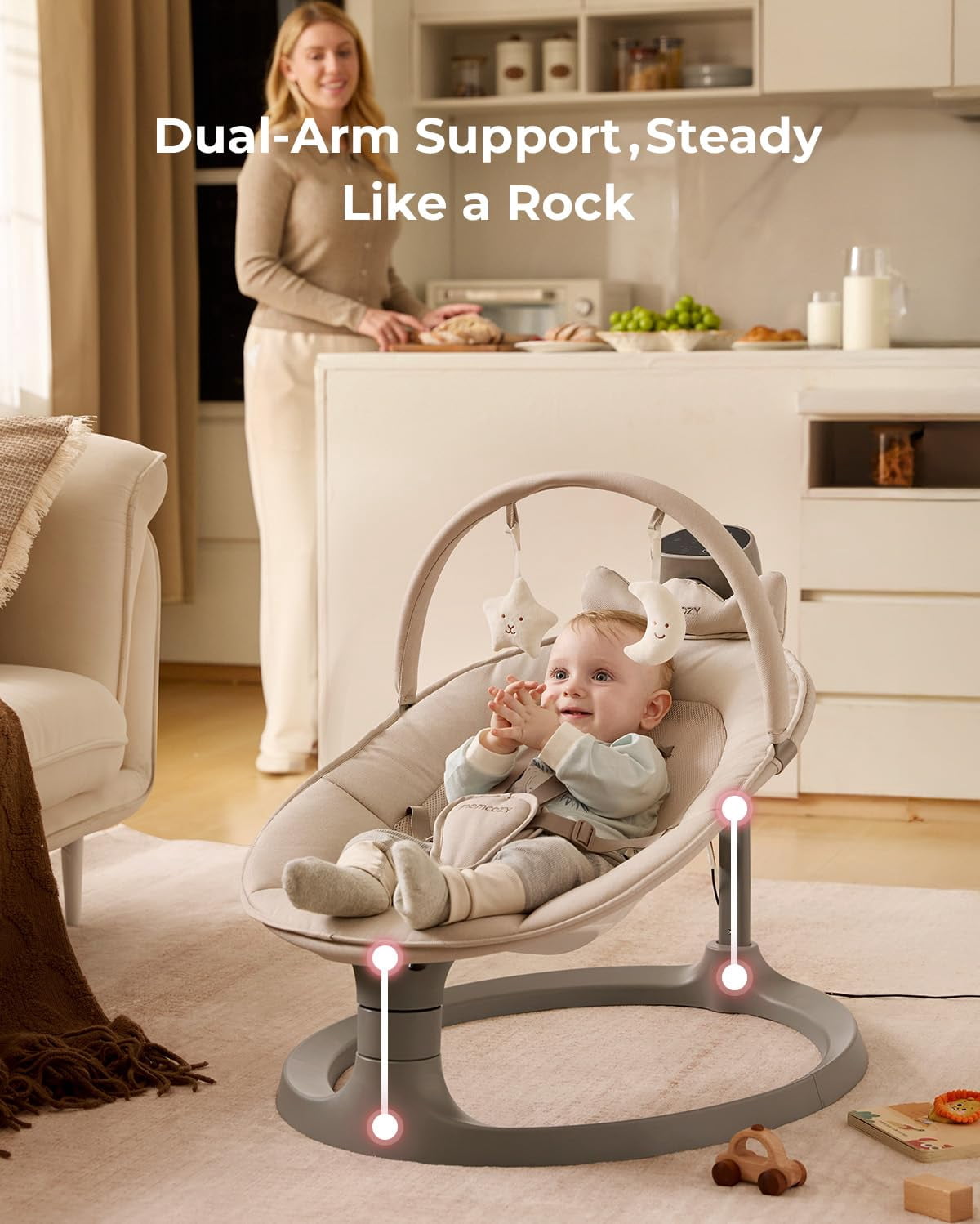 Momcozy 2-in-1 Electric Baby Swing, Dual-Arm Support System & Parent-Inspired Motions, Convertible to Toddler Seat up to 66 lbs, Adjustable Height, Lightweight
