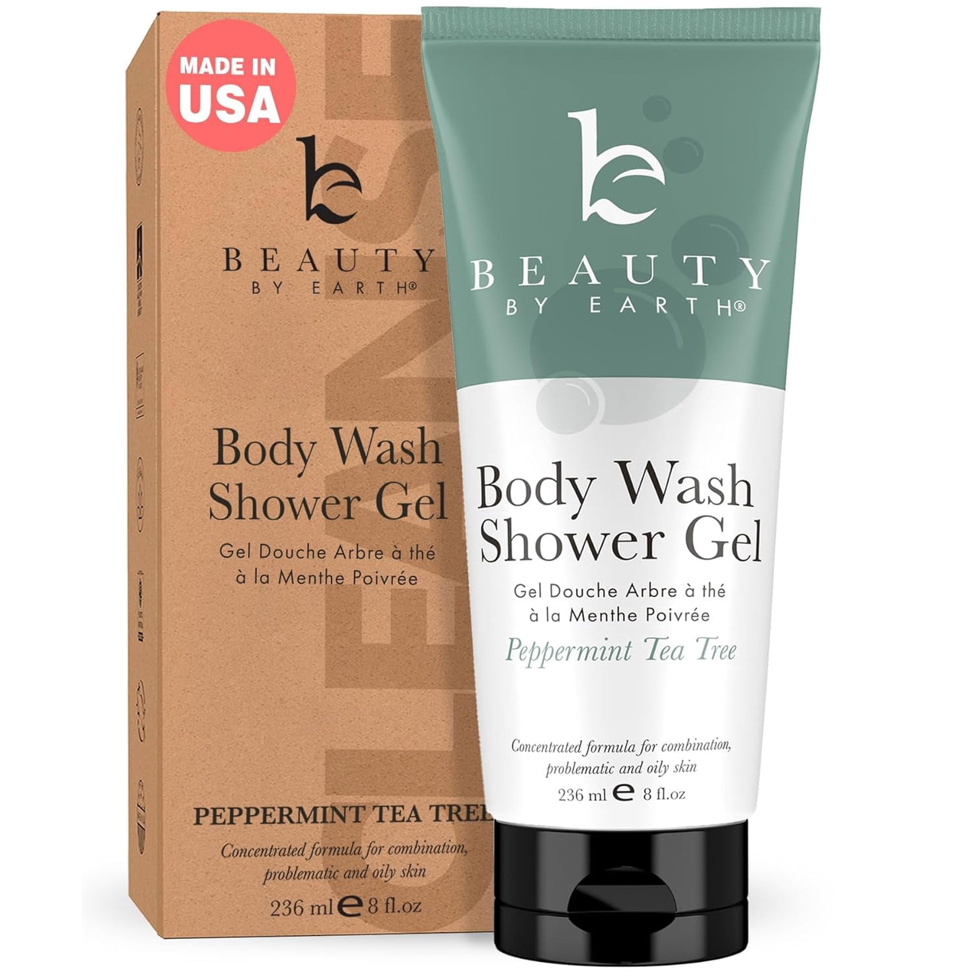 Beauty by Earth Peppermint Tea Tree Shower Gel Body Wash - USA Made with Natural & Organic Ingredients, Non-Toxic & Hydrating Formula