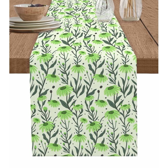ERUNPONLY Green Flowers Table Runner - 72 Inch Long Daisies Plant Leaf Abstract Monochrome Cotton and Linen Blended Dress Scarves Farmhouse Table Runner for Kitchen Dining, Coffee Table, 14"x72"