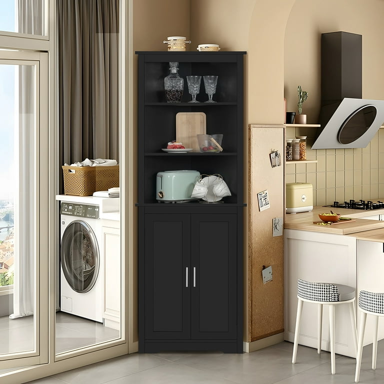 63 7 H Tall Corner Cabinet Storage With 2 Doors And 3 Shelves For Bedroom Living Room Kitchen Black Com