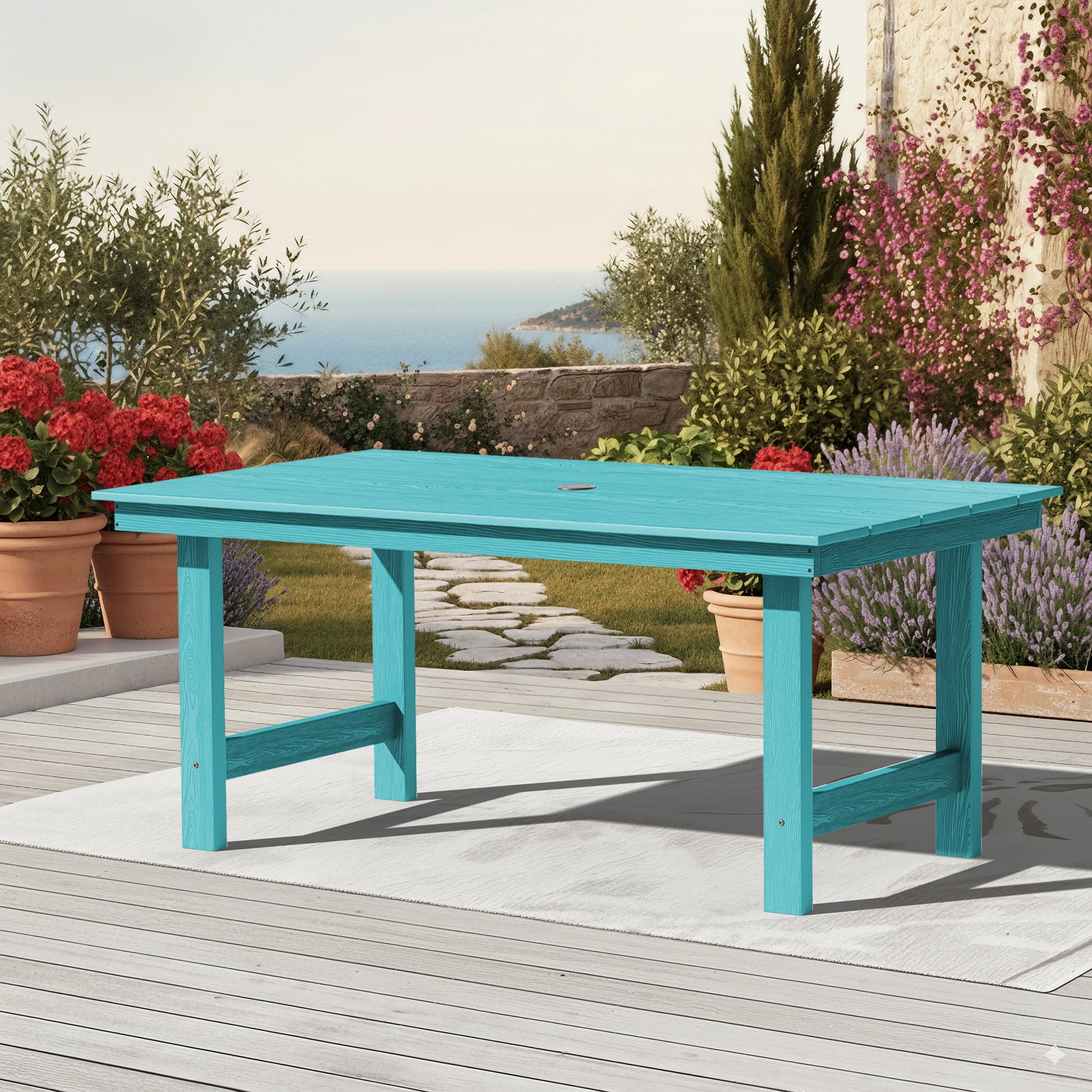 KINGYES All Weather Outdoor Dining Table with Umbrella Hole, HDPE Rectangular Patio Table for Backyard, Garden, Porch, Deck, Aruba Blue