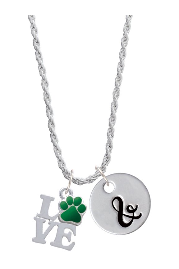 Silvertone Love with Green Paw Silvertone Script Initial Disc - & - Charm Necklace, 20"+3"