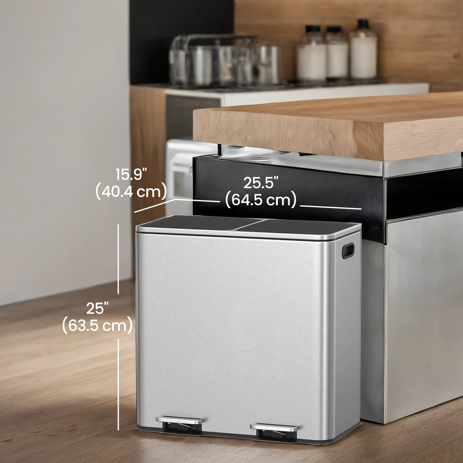 LEDREM Dual Compartment Step Trash Can , 2 x 10.6-Gallon Kitchen Garbage Bin with Pedal , Inner Buckets , Hinged Lids and Trash Bags Included , Silver and Black