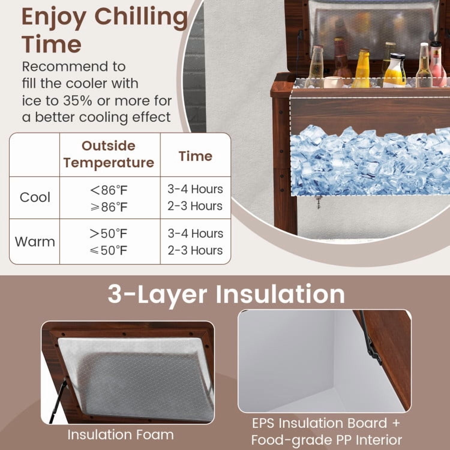 YYAo Cooler Ice Chest, Insulated Cooler,Wooden Patio Cooler with 3 Handles and Bottle Opener-Brown