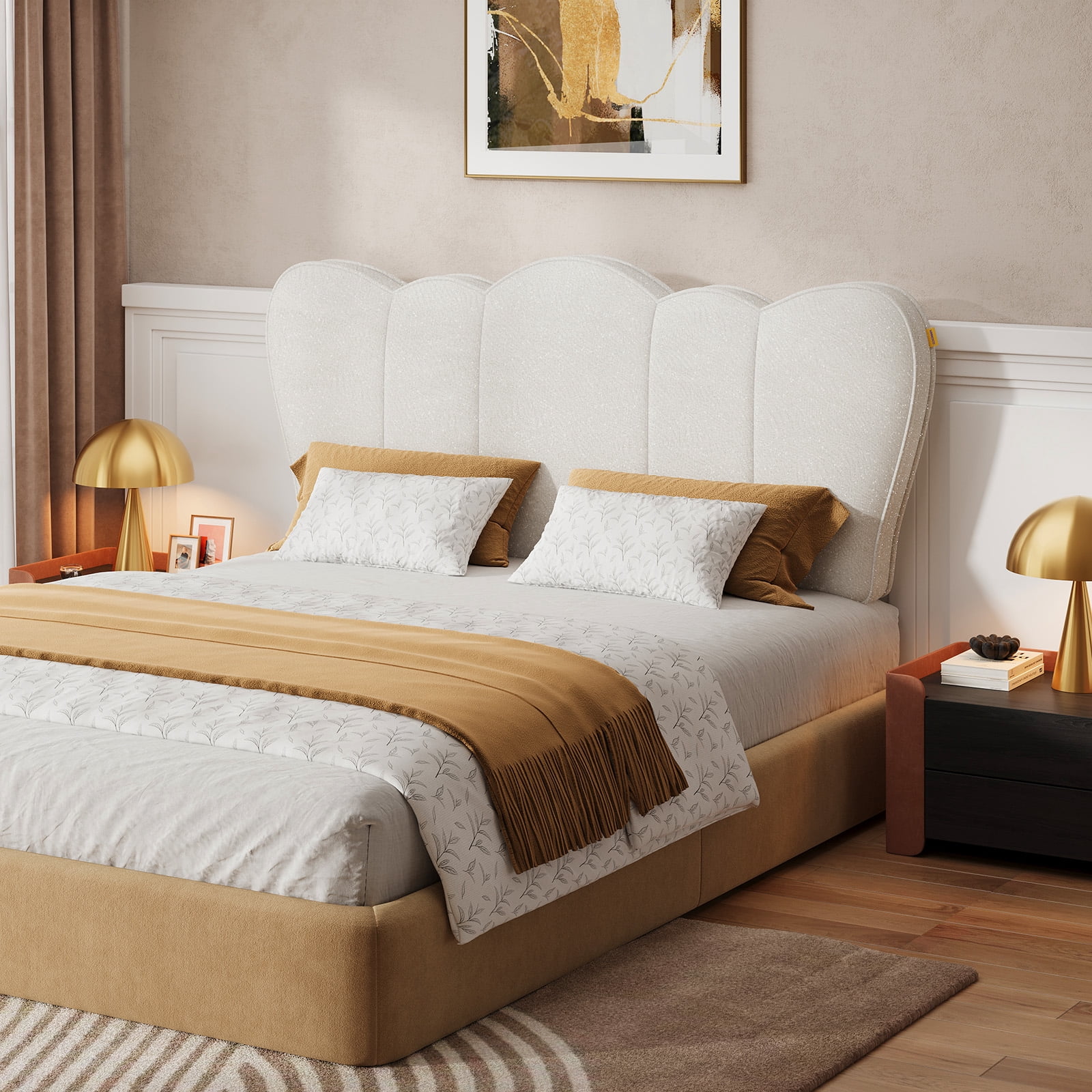 Pinmoco Chenille Upholstered Headboard for Queen Bed, Height Adjustable Crown-Shaped Headboard, Starry Beige