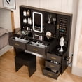 thumbnail image 6 of Oubayajia Large Vanity Desk with Mirror and Lights, Modern Makeup Vanity with Charging Station, 5 Drawers, Shelves and Cushioned Stool, Glass Top for Bedroom, Dressing Room, 6 of 8