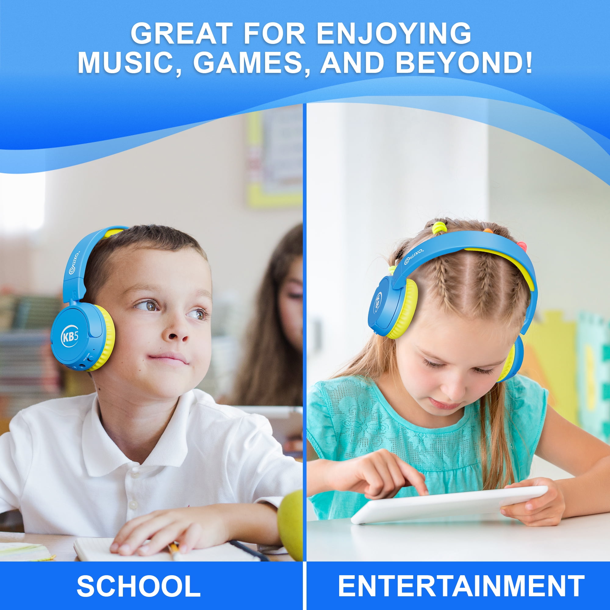 Contixo KB-5 Wireless Kids Headphones, Over-Ear Foldable Bluetooth Headset with 85dB Volume Limit, Blue/Yellow