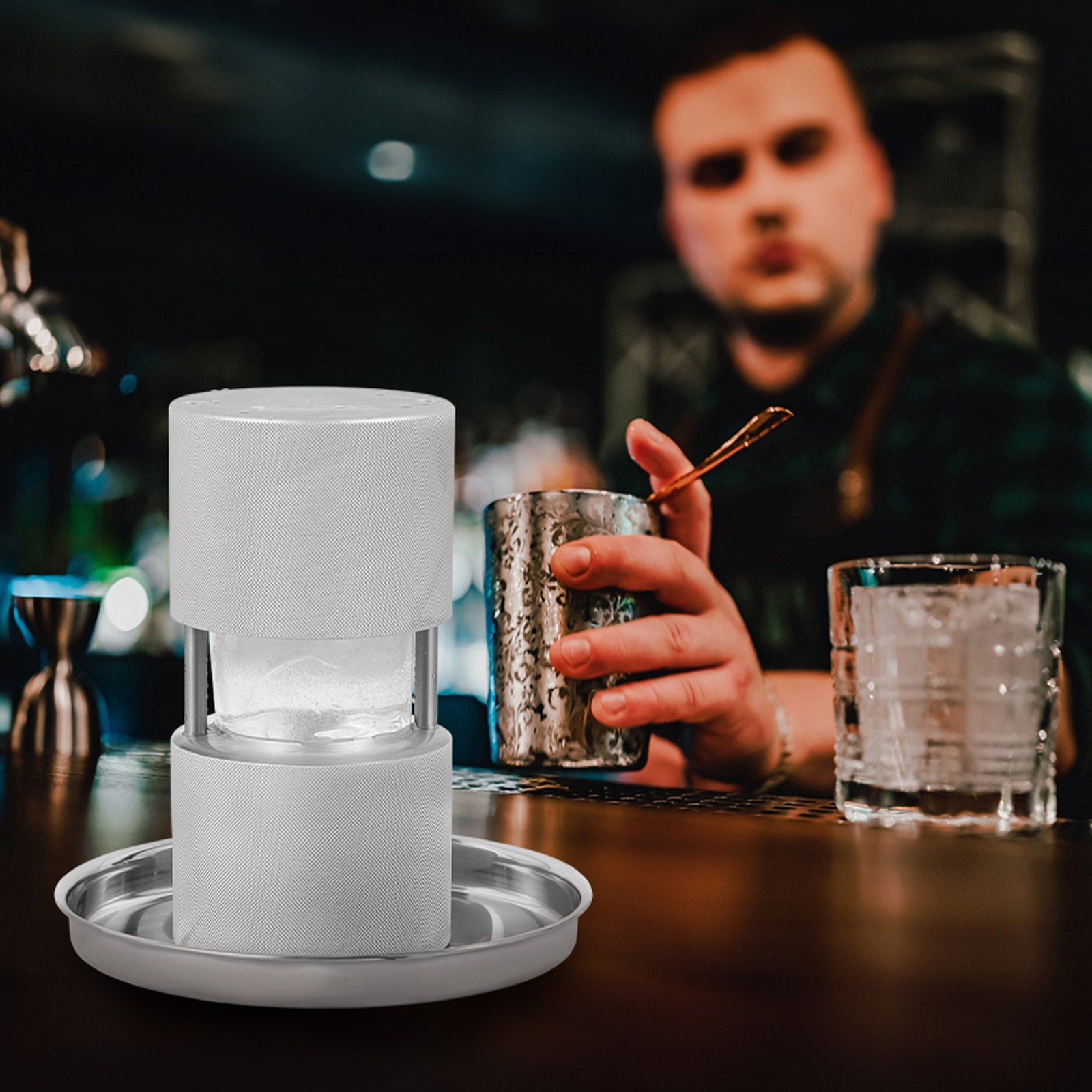 2.4" Ice Ball Press Kit, Aircraft Aluminum Alloy Ice Sphere Maker for 60mm Ice Balls - Includes Tongs & Drip Tray, Perfect for Whiskey, Bourbon, Scotch Cocktails - Party & Holiday Essential (Silver)