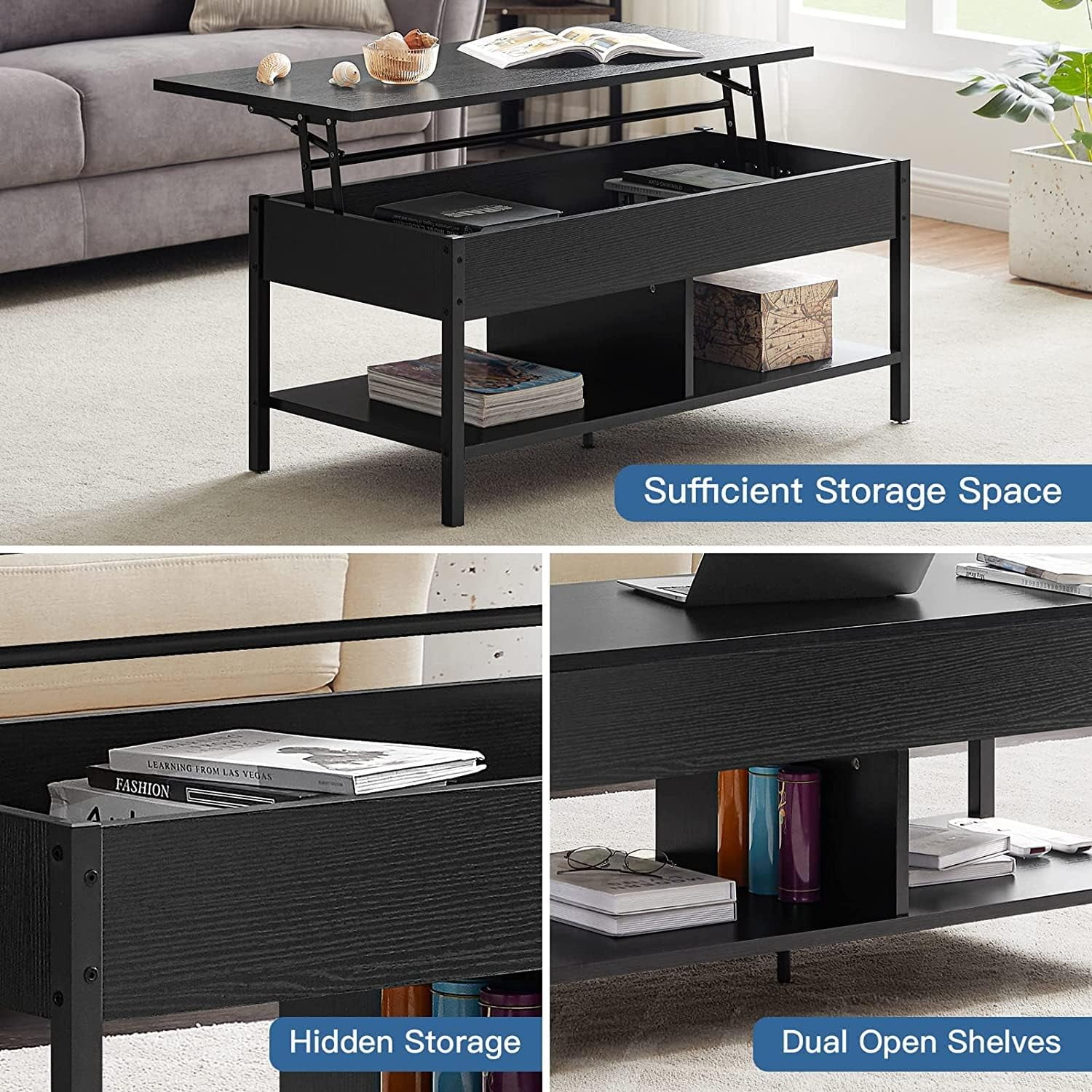 Kadyn Modern Rectangle Lift Top Coffee Table, Sofa Center Table with Lower Shelf, 41.7" Coffee Table for Living Room, Black