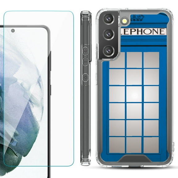 Shockproof Bumper Phone Case for Samsung Galaxy S22 5G, with Tempered Glass Screen Protector, by OneToughShield ® - Phone Booth Blue