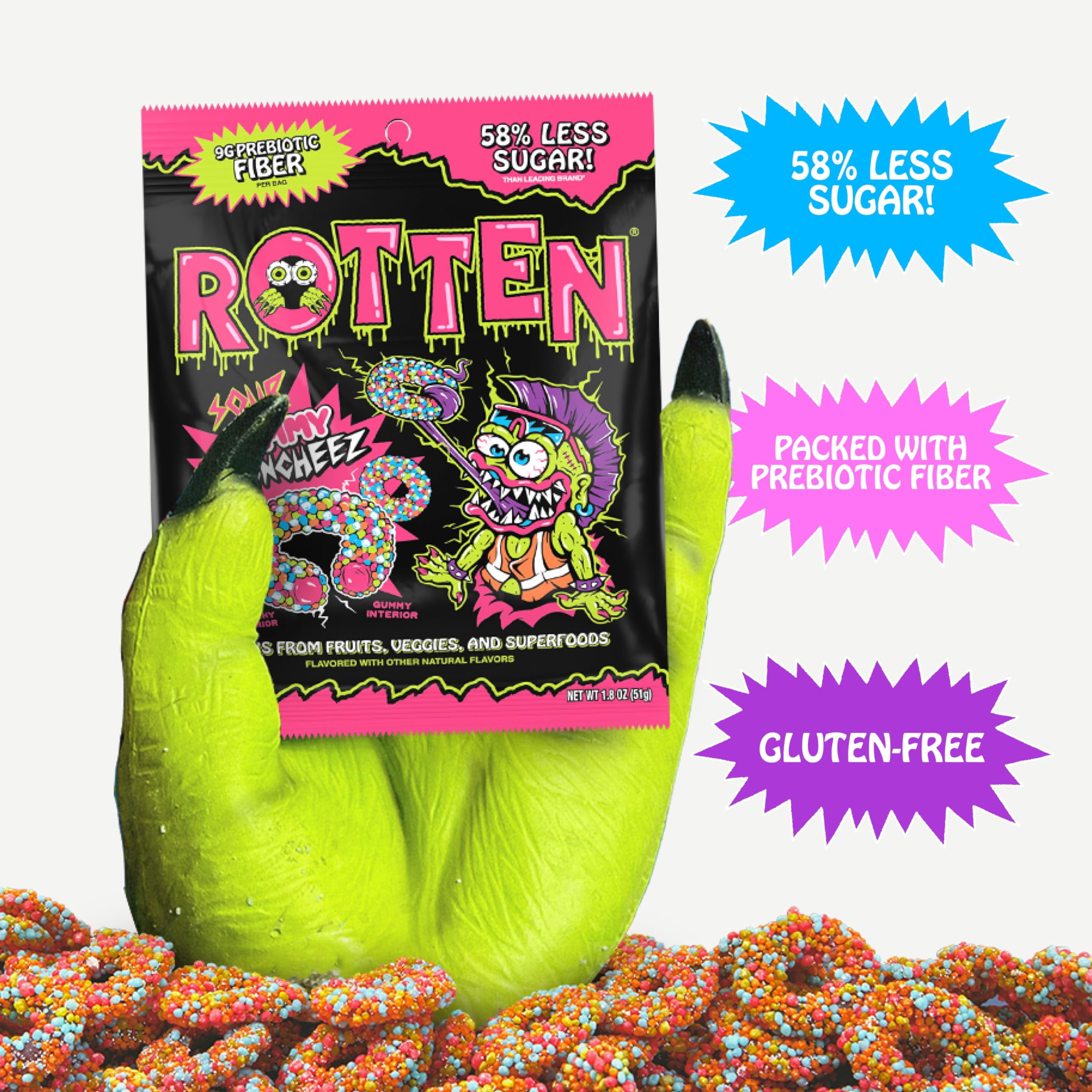 Rotten Sour Gummy Cruncheez - Low Sugar, Low Calorie, 7g Gut-Friendly Prebiotic Fiber and 3g Protein, Gluten Free Candy - 1.8 oz - 8-Pack