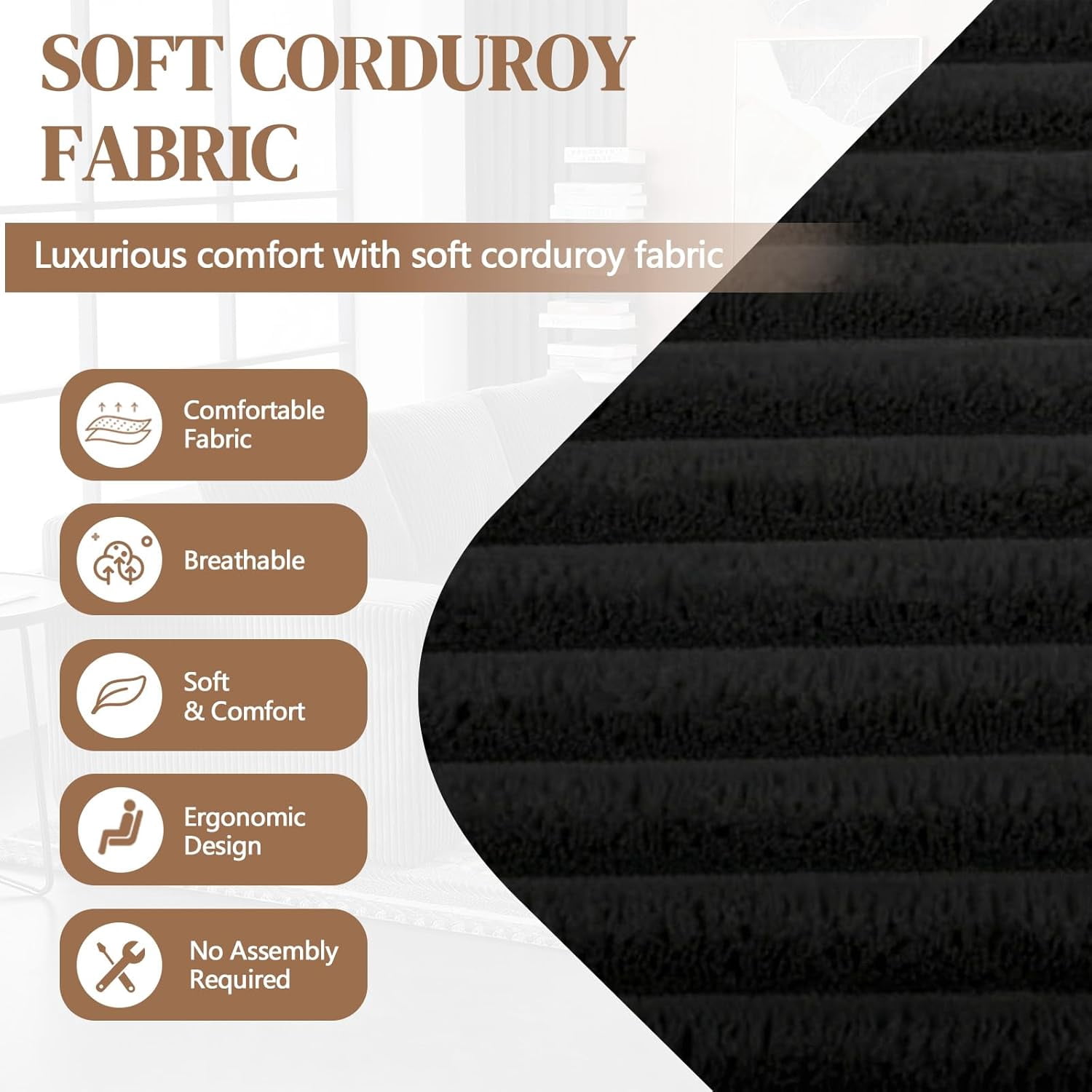 96.5" Corduroy Modular L Shaped Sectional Sofa for Living Room Bedroom, No Assembly, Black