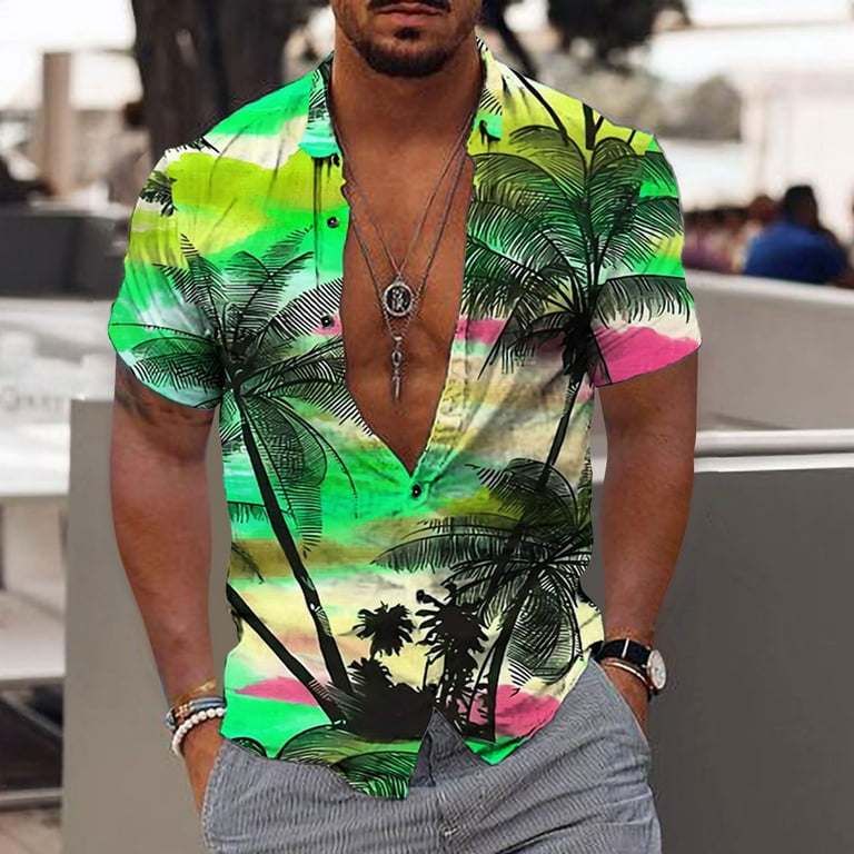 VSSSJ Hawaiian Printed Shirt for Men Tropical Palm Tree Graphic Tee Button  Down Short Sleeve Lapel Shirts Casual Summer Beach Loose Fit Green06 XXL