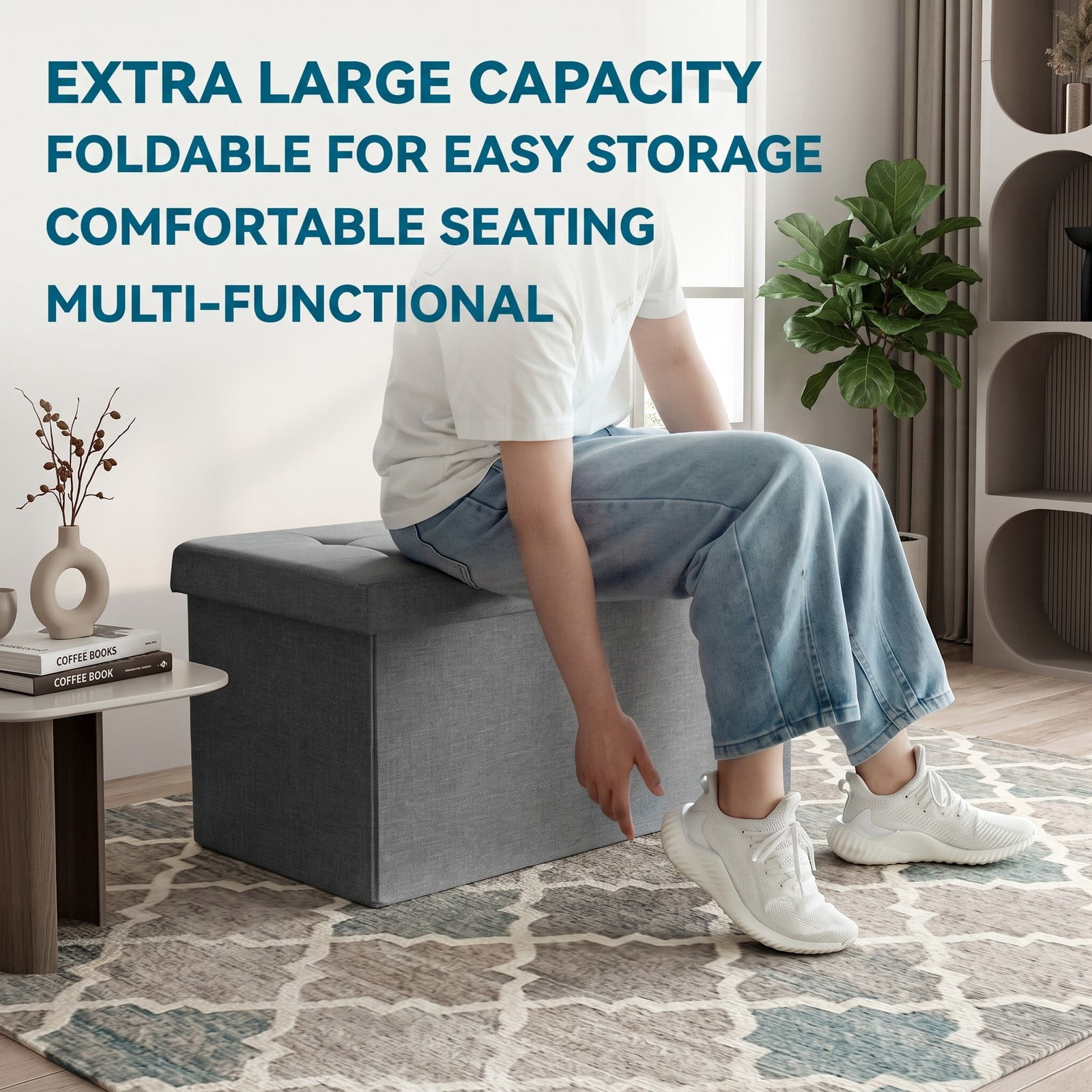 Furnibear 31.5 Inch Foldable Fabric Storage Bench Ottoman with Padded Seat and Removable Hanging Bin for Entryway, Light Gray