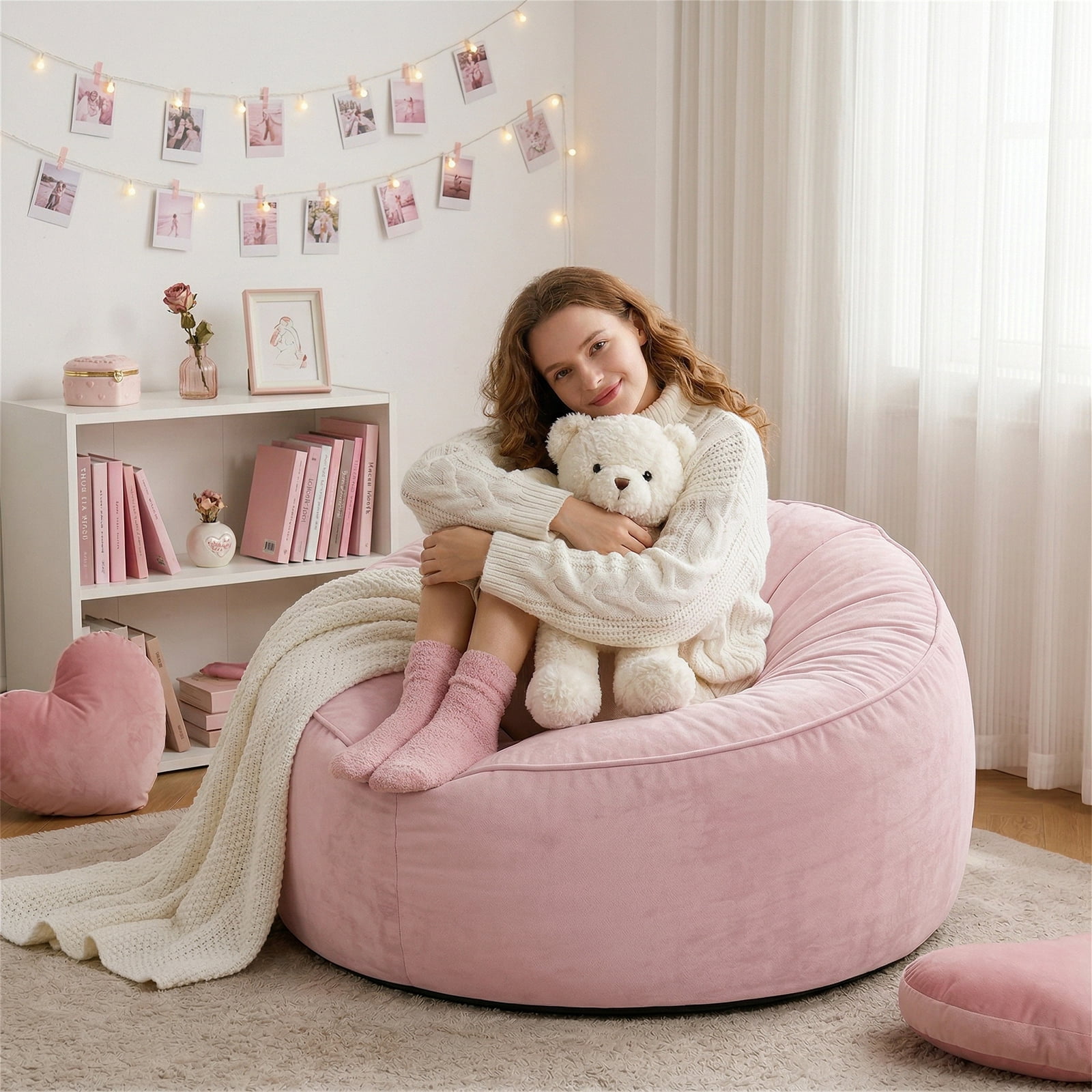 VIREO 3FT Bean Bag Chairs for Adults Memory Foam Filler Beanbag Chair with Removable and Washable Flannel Cover, Lazy Chairs for Living Room - Pink