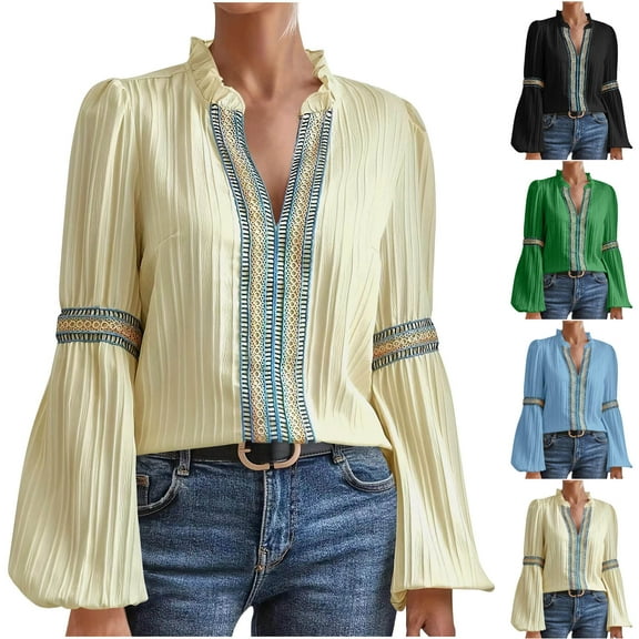 Trendsetting Women's Apparel Fashion Plus Size Fashion Women Long Sleeve Comfortable Breathable V-Neck Blouses Shirt Tops
