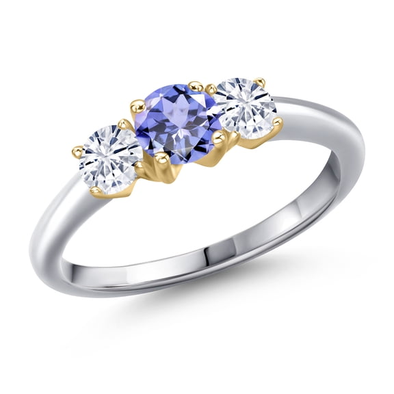 Gem Stone King 925 Silver and 10K Yellow Gold Blue Tanzanite and White Moissanite Engagement Ring for Women | 0.92 Cttw | Round 5MM | Gemstone December Birthstone | Size 5
