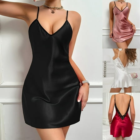 CFLVAEK Satin Nightgowns for Women Elegant V Neck Chemise Nightgown Comfy Spaghetti Strap Lingerie Sleepwear Backless House Dress S