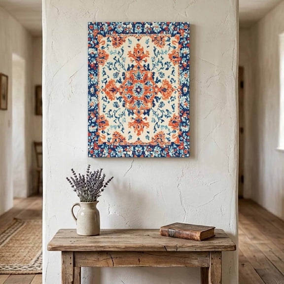 Ships Next Day Canvas Wall Art 16"x24", Orange Blue Ethnic Wood Framed Canvas Print Painting, Boho Vintage Geometric Art Ready to Hang Picture Wall Decor for Home Bedroom Living Room Dining