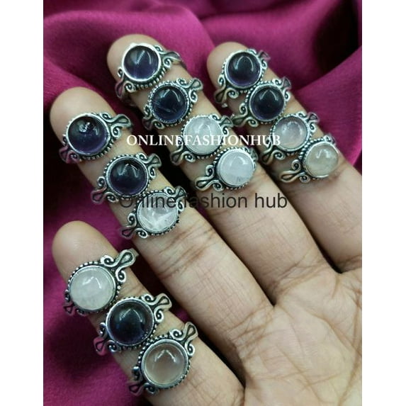 Rose Quartz & Mix Gemstone 925 Sterling Silver Plated Handmade 5pcs Ring