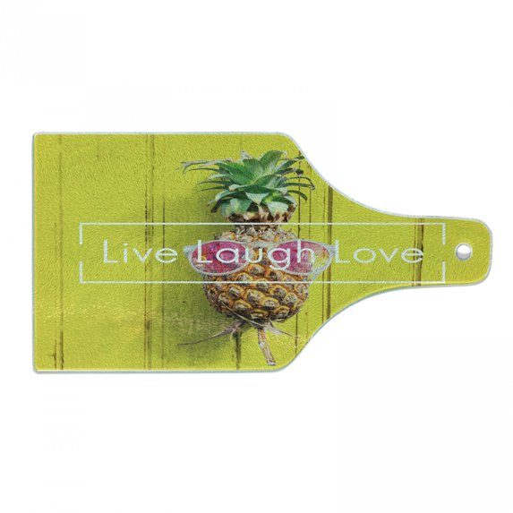 Live Laugh Love Cutting Board, Tropical Pineapple Fruit with Sunglasses on Yellow Wood Board Joyful Print, Tempered Glass Cutting and Serving Board, Wine Bottle Shape, Multicolor, by Ambesonne
