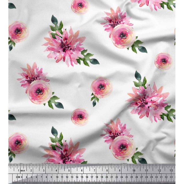 Soimoi White Cotton Voile Fabric Ranunculus & Chrysanthemum Floral Print Fabric by Yard 42 Inch Wide