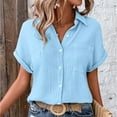 thumbnail image 6 of Tittly Womens Linen Shirt Women'S Gauze Tops Linen Button Up Shirts for Women Womens Blouses Tops Batwing Sleeve Pocket Patched Shirt Work T Shirts Double Layer Wrinkled Fabric Blue, 6 of 6