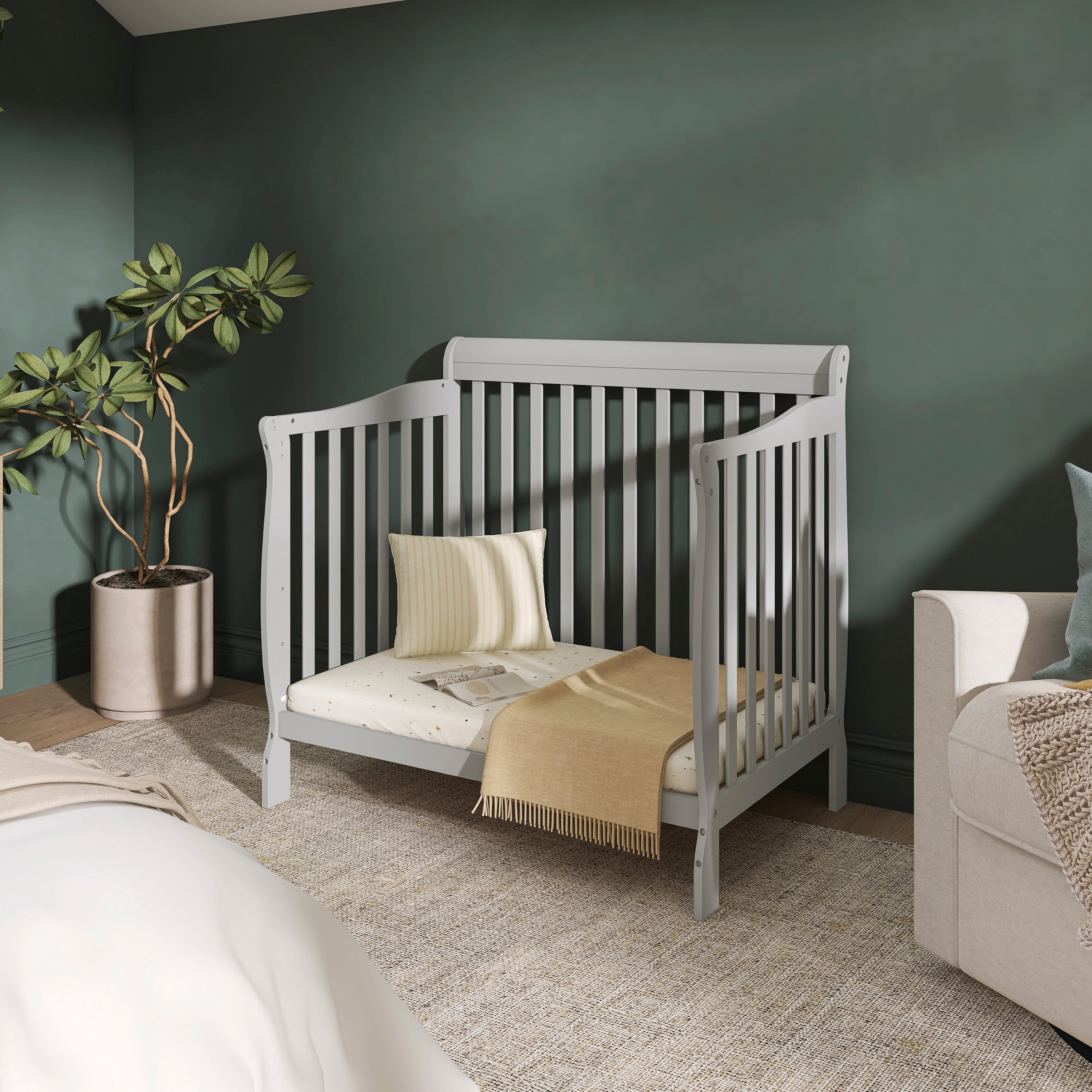 Dream On Me Aden 4-in-1 Convertible Mini Crib In Mystic Grey, Greenguard Gold Certified