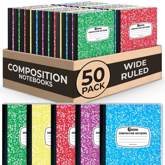 Rosmonde 50 Pack Bulk Composition Notebooks, Wide Ruled, 200 Pages (100 Sheets), 9-3/4 x 7-1/2, Hard Cover, Bulk School Supplies, Assorted Colors Marble Composition Journal, Bulk Notebooks for School