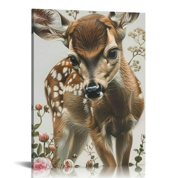 FCXZI Baby Deer Art Print Cute Animal Wall Art Watercolour Fawn  Spring Wall Art Easter Wall Decorative Painting Canvas Wall Art Living Room Bedroom Painting Canvas painting 12x16in