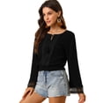 thumbnail image 1 of Allegra K Blusa recortado con dobladillo fruncido y manga de campana con cuello de lazo campesino bordado de encaje para mujer Negro S, 1 of 6