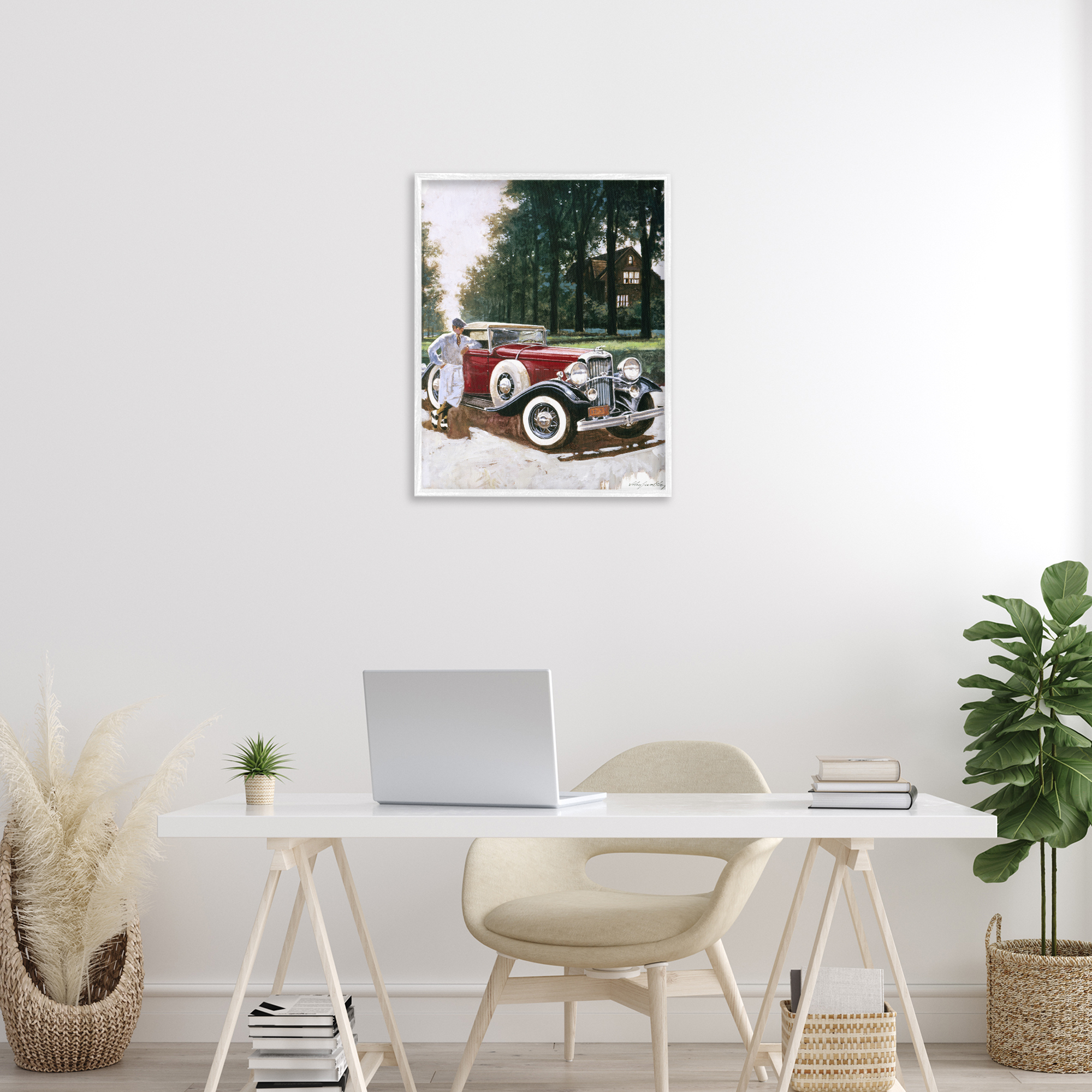Retro Convertible Coupe & Driver White Framed Giclee Art, design by Wind River Studios