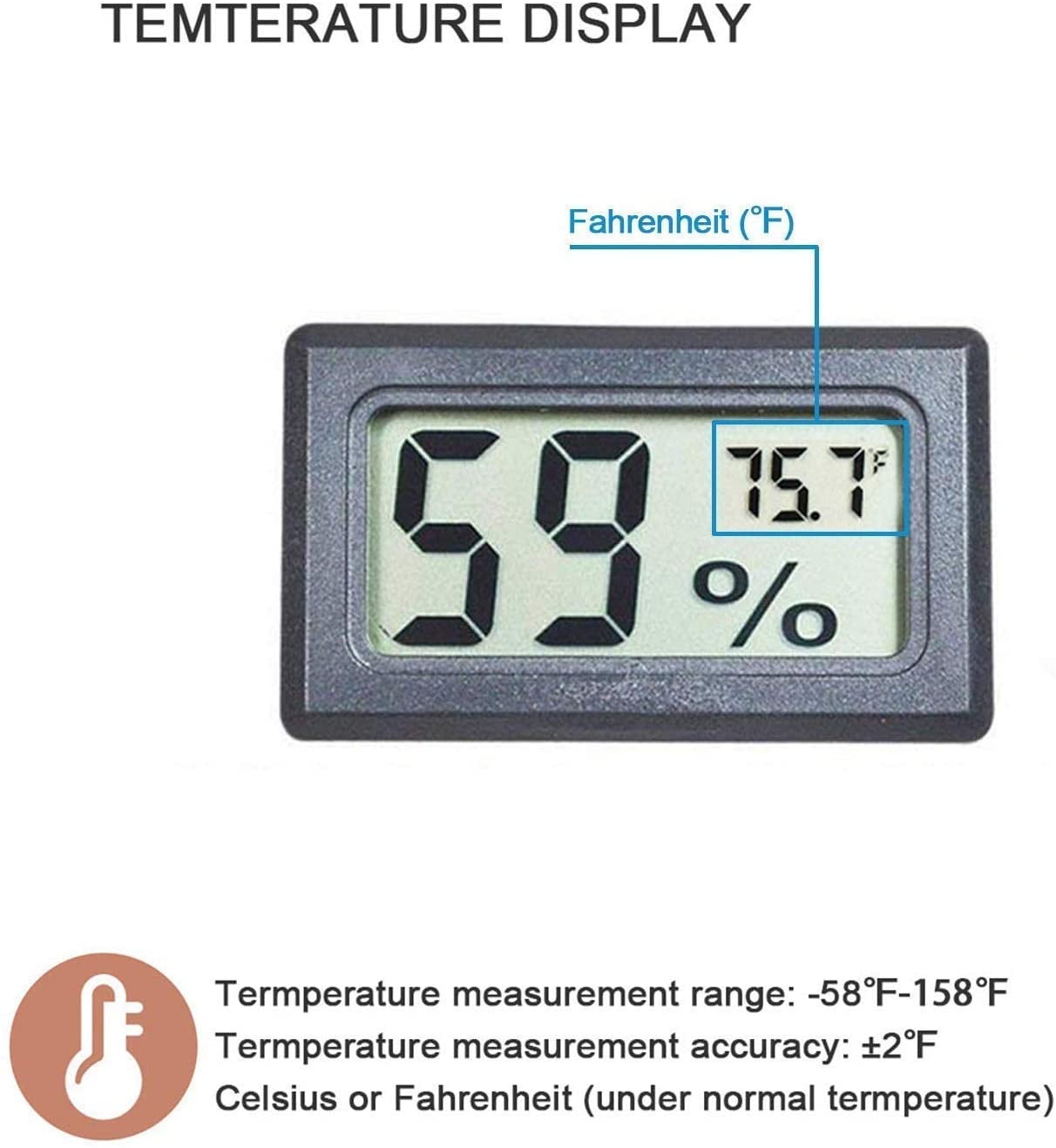 Indoor Hygrometer Thermometer, Humidity and Temperature Sensor Gauge With  Large LCD Display, Portable Transmitter, ℃/℉,12H/24H Format, Black 