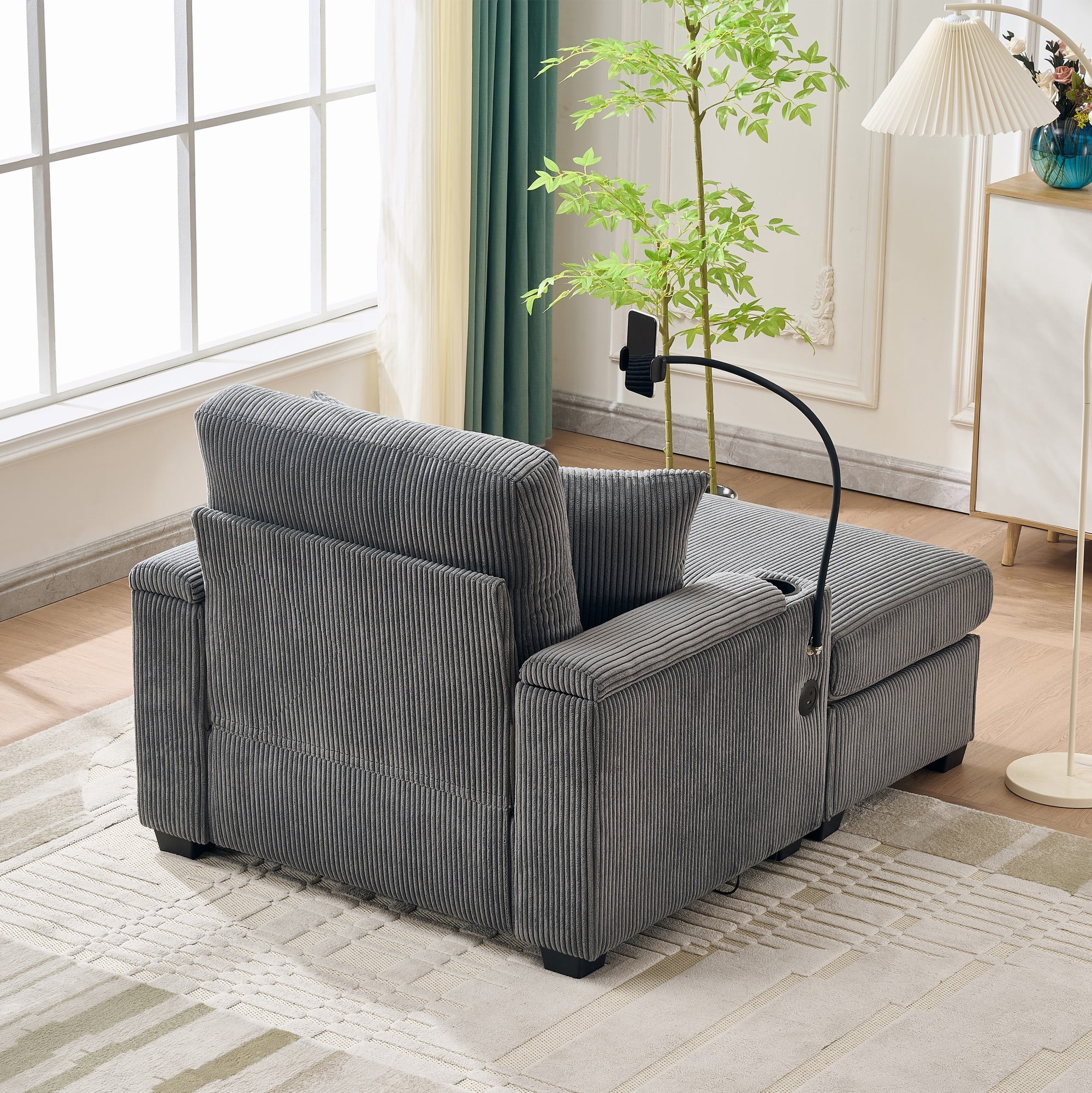 Euroco 55" Oversized Chaise Lounge Chair Indoor with Ottoman and Storage, Comfy Corduroy Sleeper Chair with Cup Holder,Mobile Phone Stand&USB Charging Port