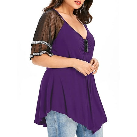 Sequin Tunic Blouse - Women Plus Size Tunic Swing T Shirt Sequin Bling Mesh Sexy V Neck Blouse Tops Pullover Tee