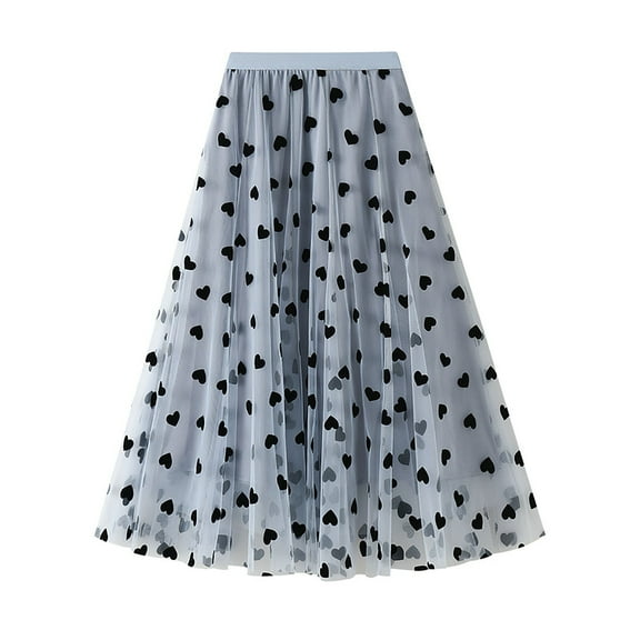 XIAONU Women's Heart-Print Tulle Midi Skirt Elastic-Waist Flared Skirt Romantic Playful Daily Party Wear