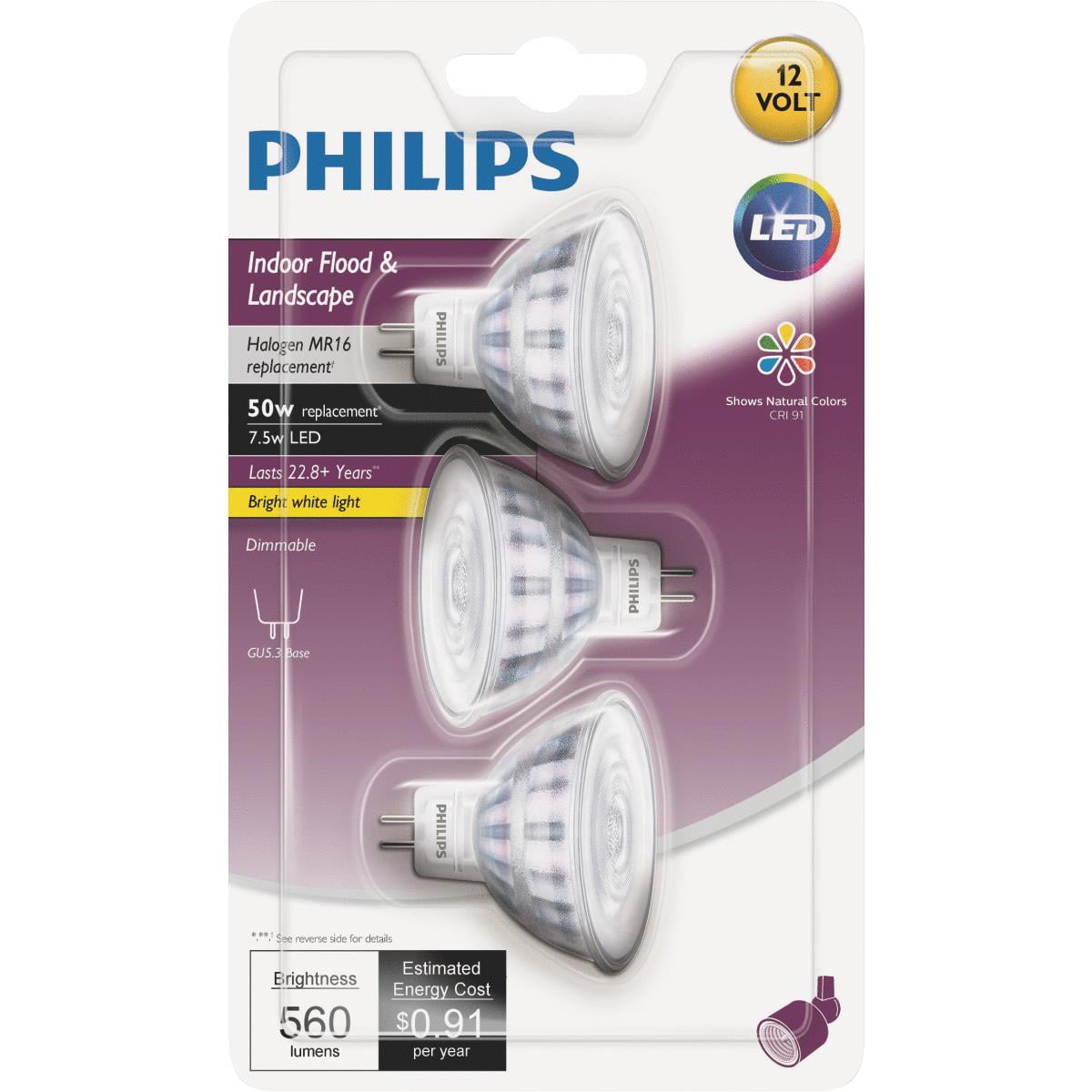 3 Philips MR16 Halogen Bulbs 12V 20W GU5.3 Flood Reflector Dimmable Light Sparkl