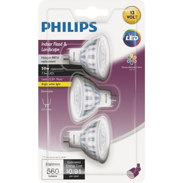 klon Bære eksperimentel Philips LED 50-Watt MR16 Floodlight Light Bulb, Bright white, Dimmable,  40-Degree Beam Spread Angle, GU5.3 Base (3-Pack) - Walmart.com