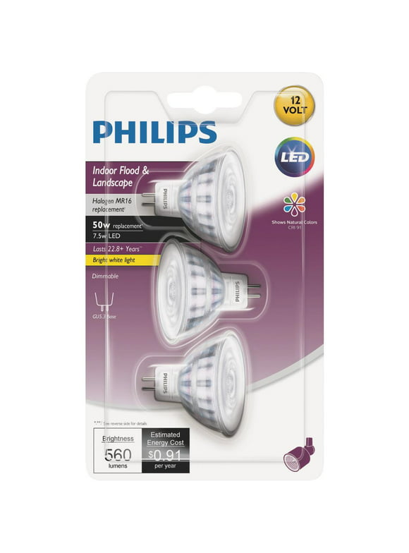 Philips LED 50-Watt MR16 Floodlight Light Bulb, Bright white, Dimmable, 40-Degree Beam Spread Angle, GU5.3 Base (3-Pack)