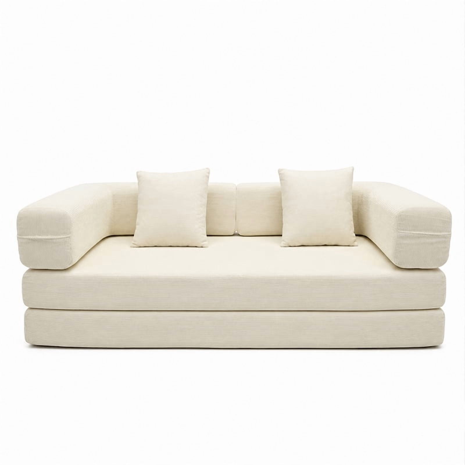 Garitin Sofa Bed and Convertible Floor Sofa 78.74 Inch, Corduroy Fabric Couch with Double Pillows for Living Room Bedroom, Ancient White