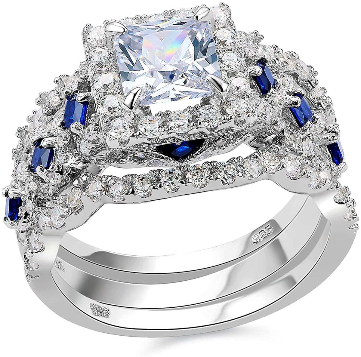 2.25ct Blue Princess Cut Diamond Engagement Wedding Ring Set 925 Sterling Silver 