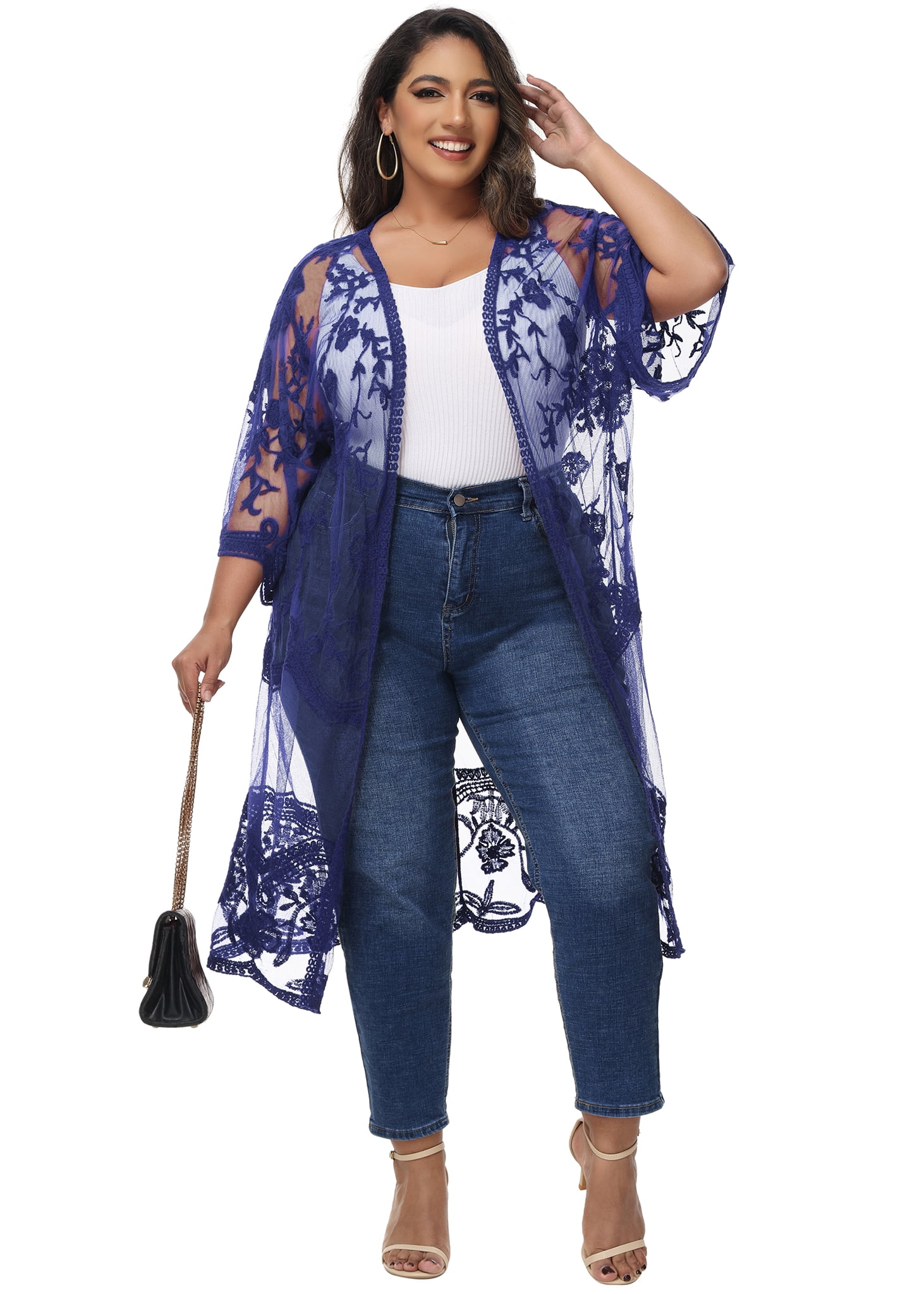 Chunoy Kimono Donna Maniche Corte – Stampa Floreale Plus Size – Copricostume In Chiffon – Taglie Forti Fino A XXL