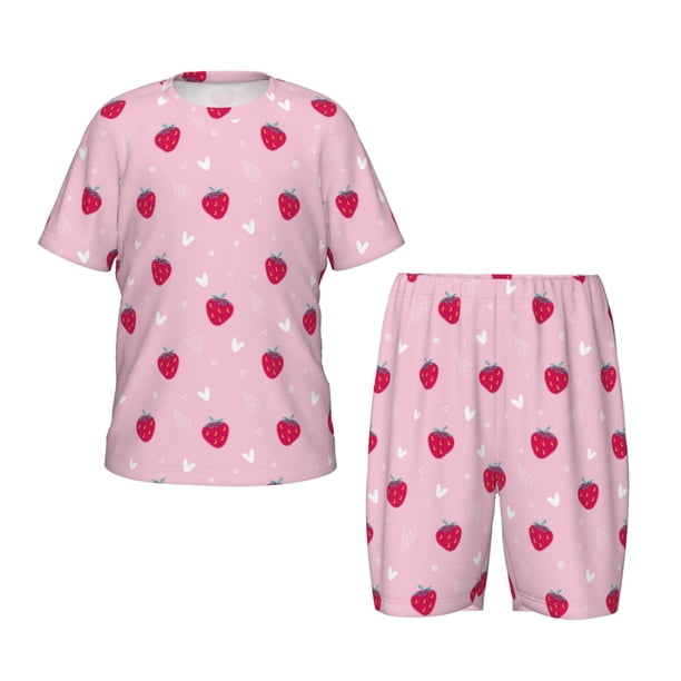 Balery Strawberry And Heart Conjunto de Pijama Infantil de Manga Corta con Estampado – Ropa de Dormir de Algodón Suave-3X-Large