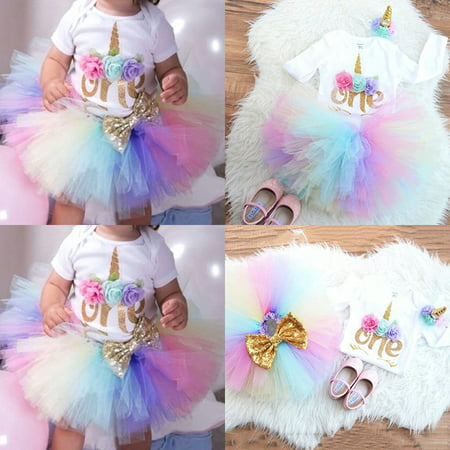 Newborn Baby Girl 1st Birthday Unicorn Romper Rainbow Tulle Skirt 3PCS (Best Outfit For First Day Of Work)
